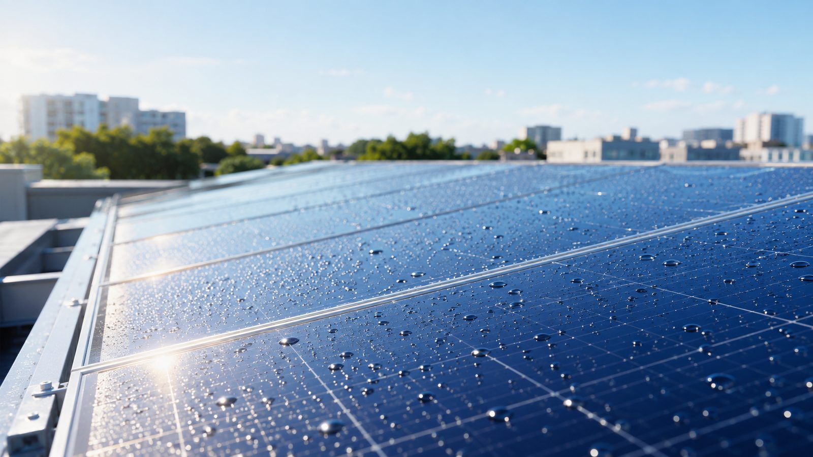 Close-up of water droplets beading on a clean, protected solar glass panel surface