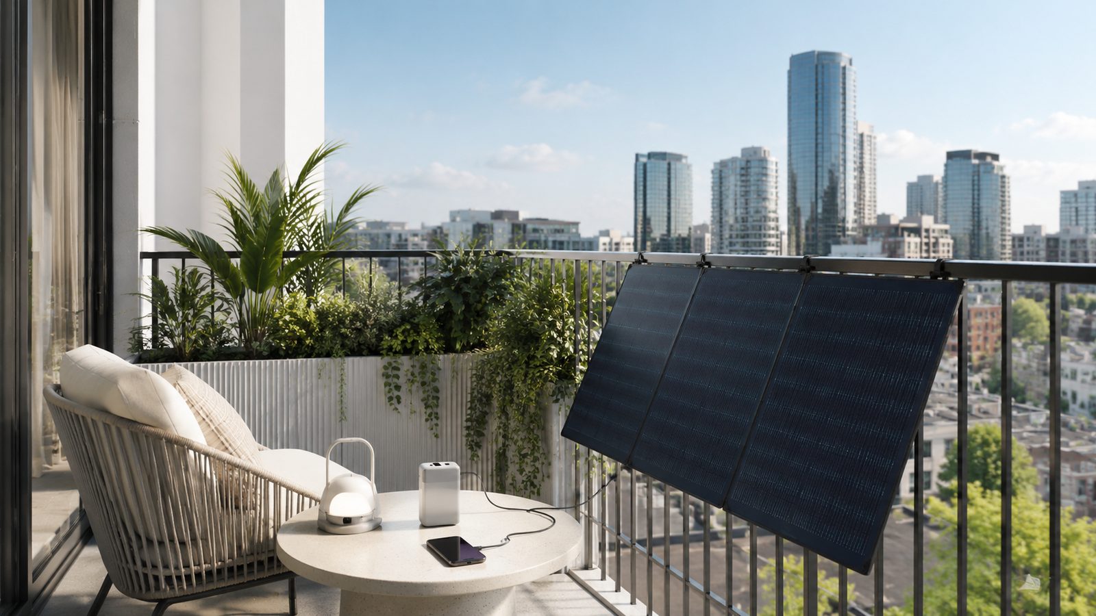 Compact solar panel and portable power products on a modern apartment balcony