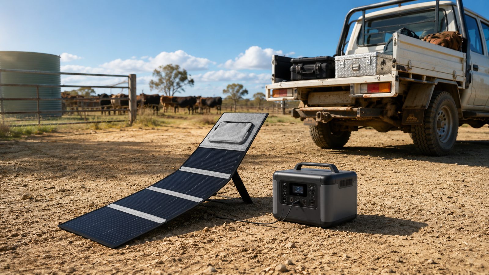 Folding solar panel and portable power station set up on a farm beside a ute, with cattle in the background