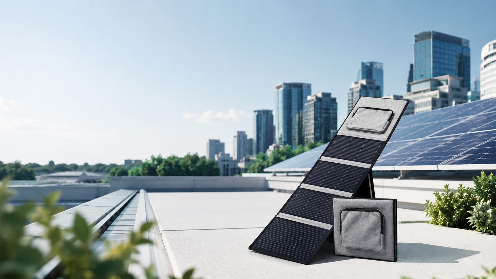 Portable folding solar panel on a commercial rooftop with a rooftop solar array in the background