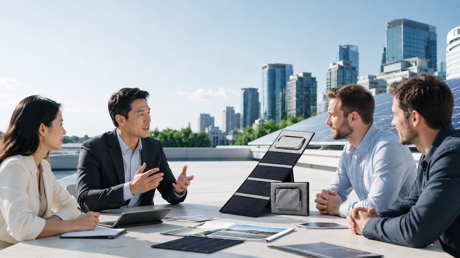 Business meeting discussing solar product partnership on a rooftop with solar panels in the background