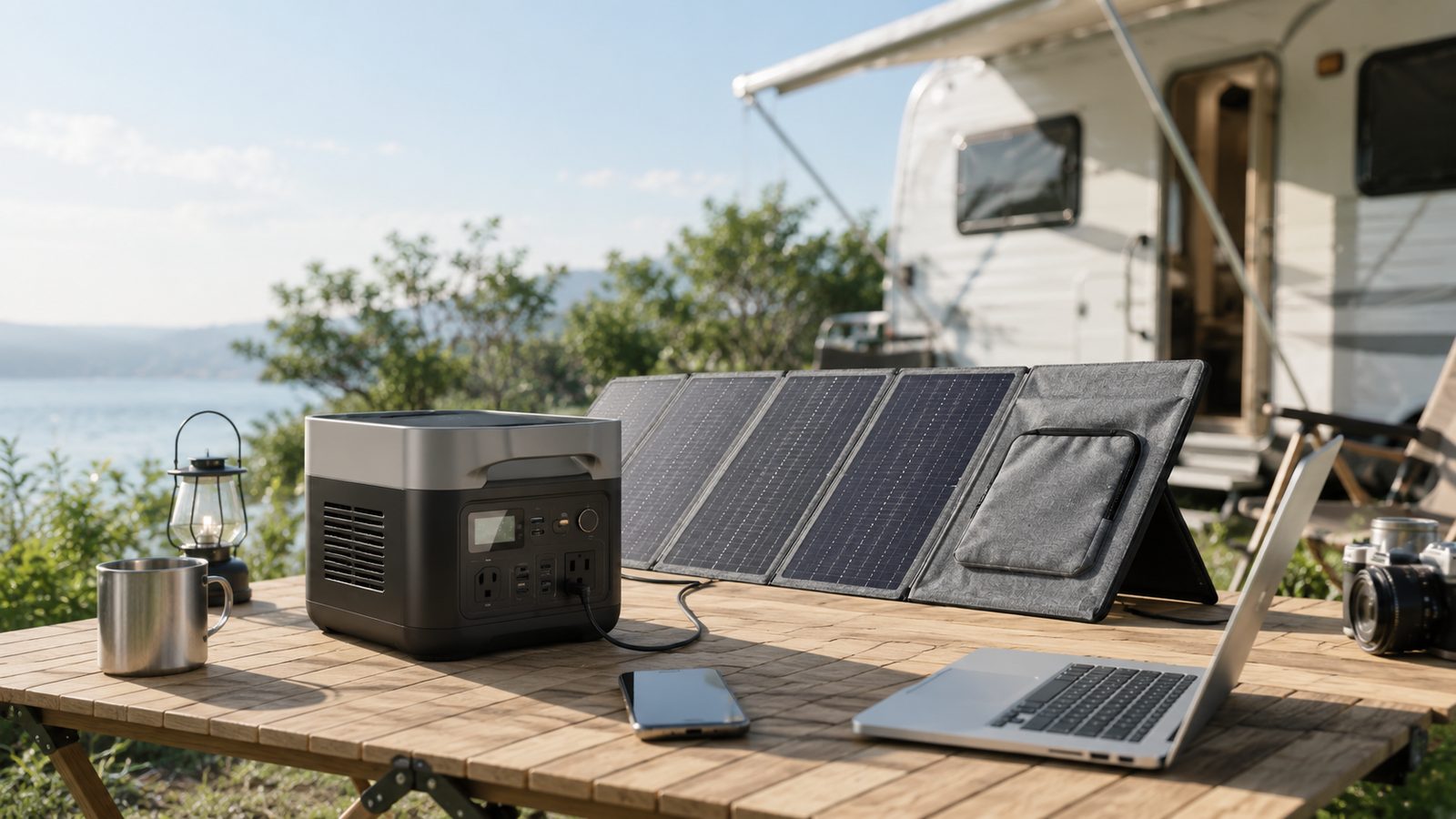 Portable power station paired with a folding solar panel on an outdoor table beside a caravan