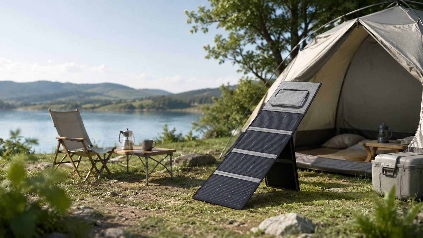 Foldable portable solar panel set up beside a tent at a lakeside campsite
