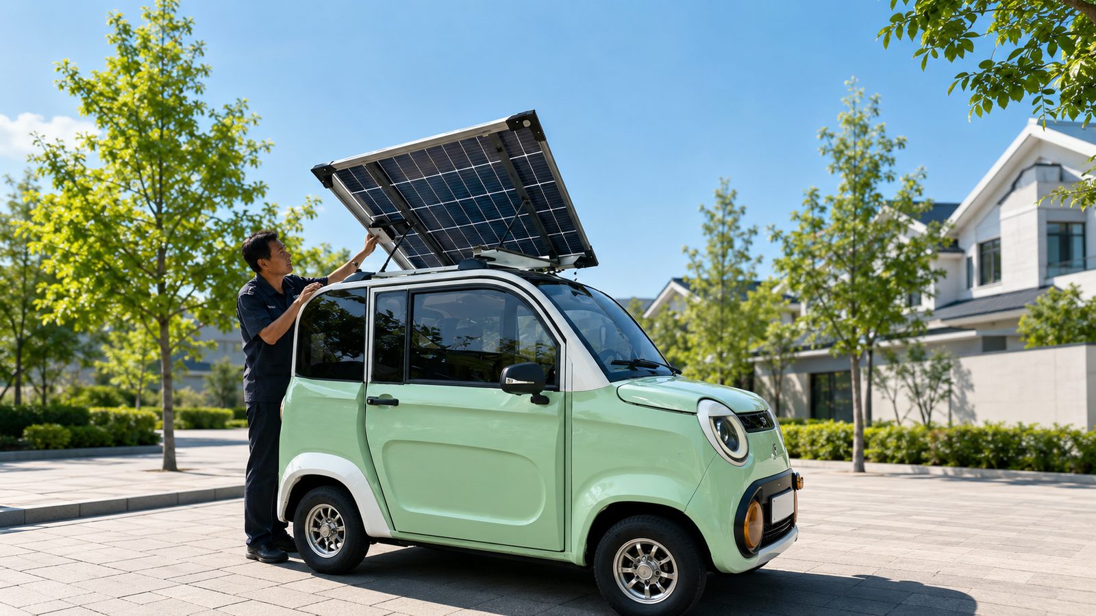 Concept solar panel mounted on the roof of a compact electric vehicle