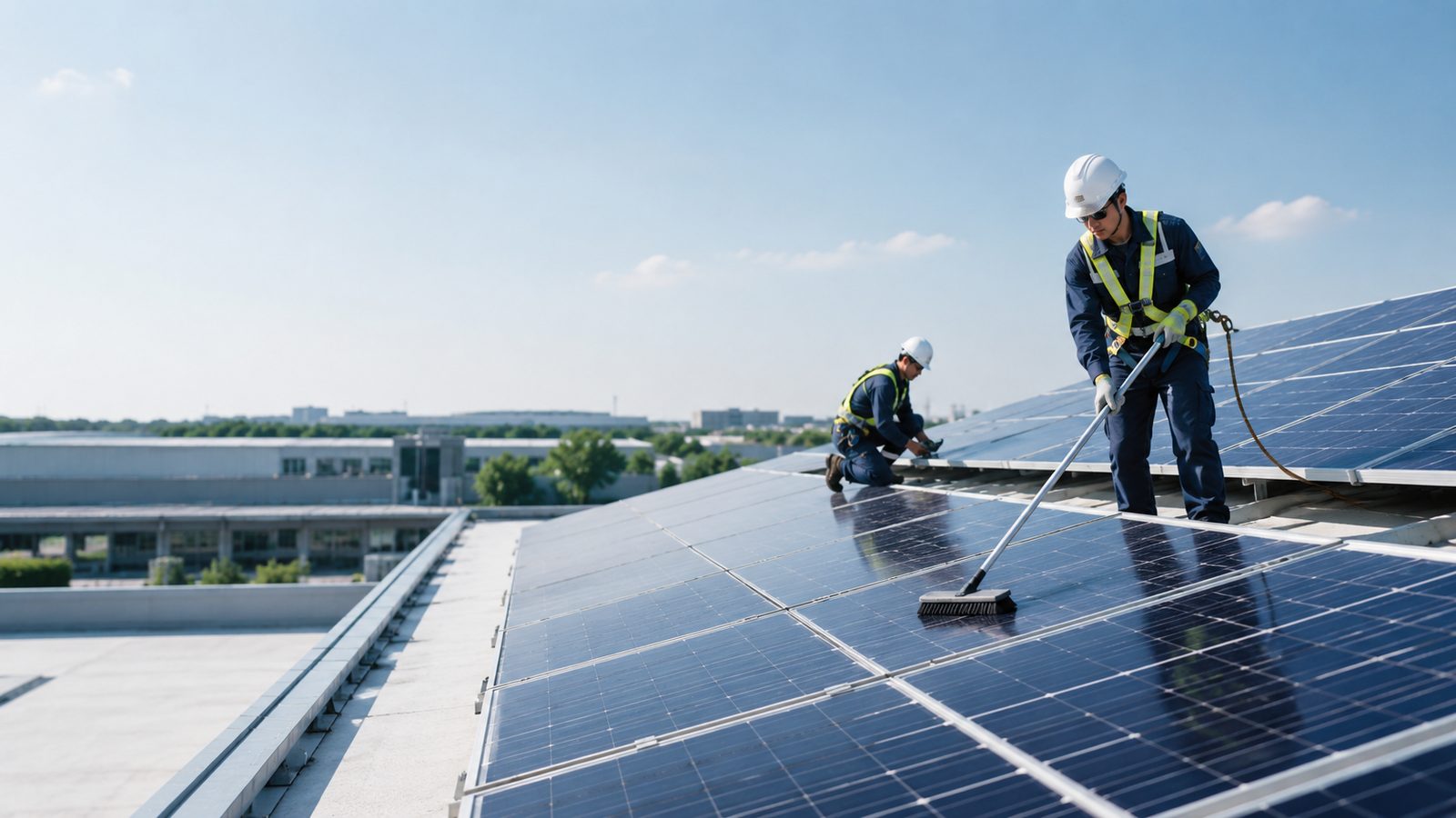 Solar maintenance technicians cleaning commercial rooftop solar panels